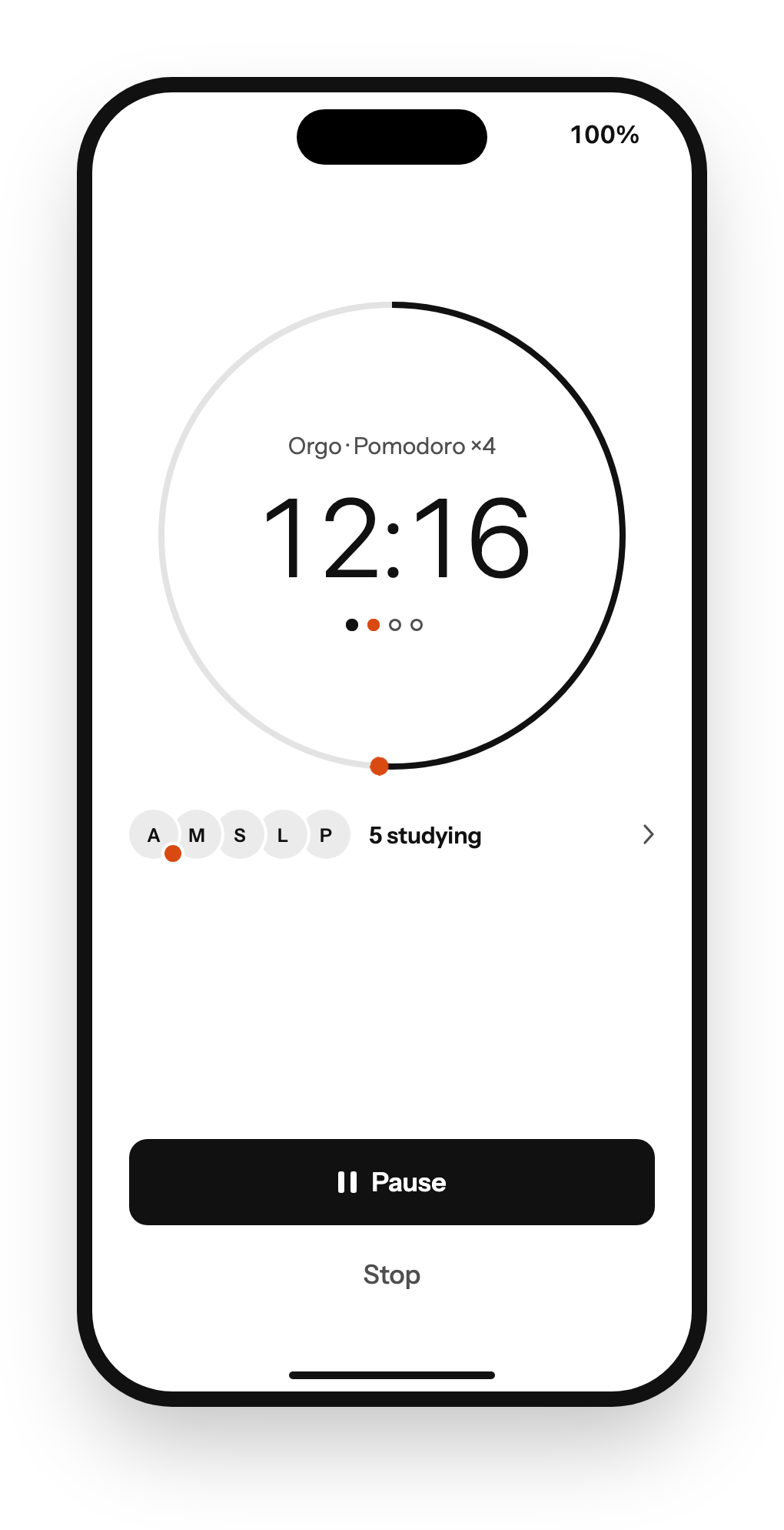 Studium Pomodoro timer with a ring showing 12 minutes left in the second focus round.