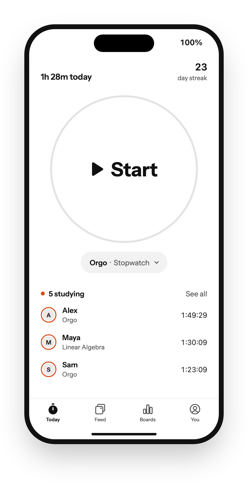 Studium Today screen at rest: today's date and a 23 day streak at the top, a large Start button, and five friends currently studying